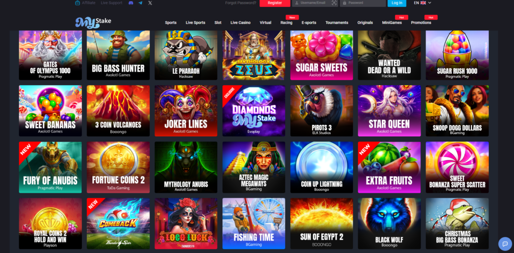 MyStake Casino platform showing casino, live dealer and sportsbook sections