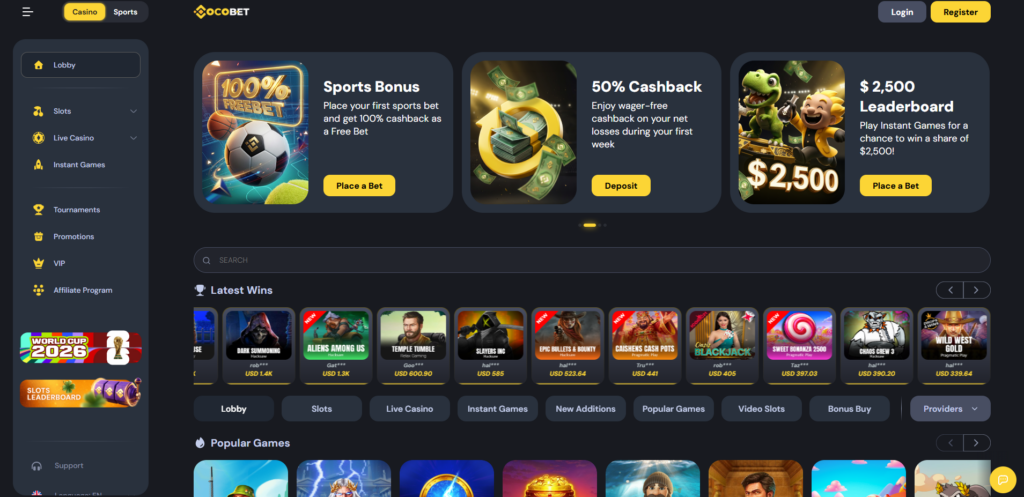 CocoBet Casino homepage showing crypto-first casino lobby