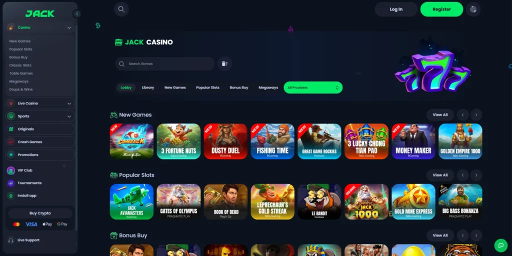 JACK Casino platform interface showing sportsbook and casino lobby